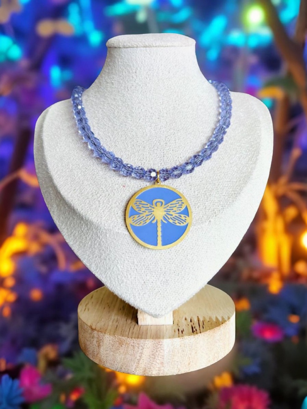 Gold Dragonfly Pendant Necklace with Lavender Beads